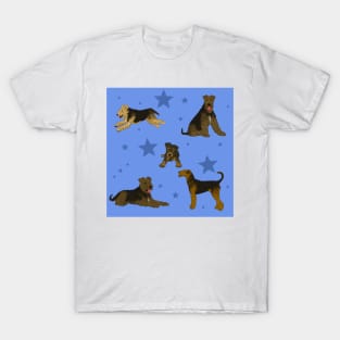 Airedale Terriers Pattern Stars Blue T-Shirt